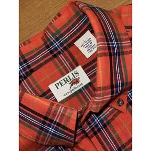 Perlis‎ Shirt Men L Wool Blend Orange Plaid Cabincore Rustic Outdoors Lumberjack